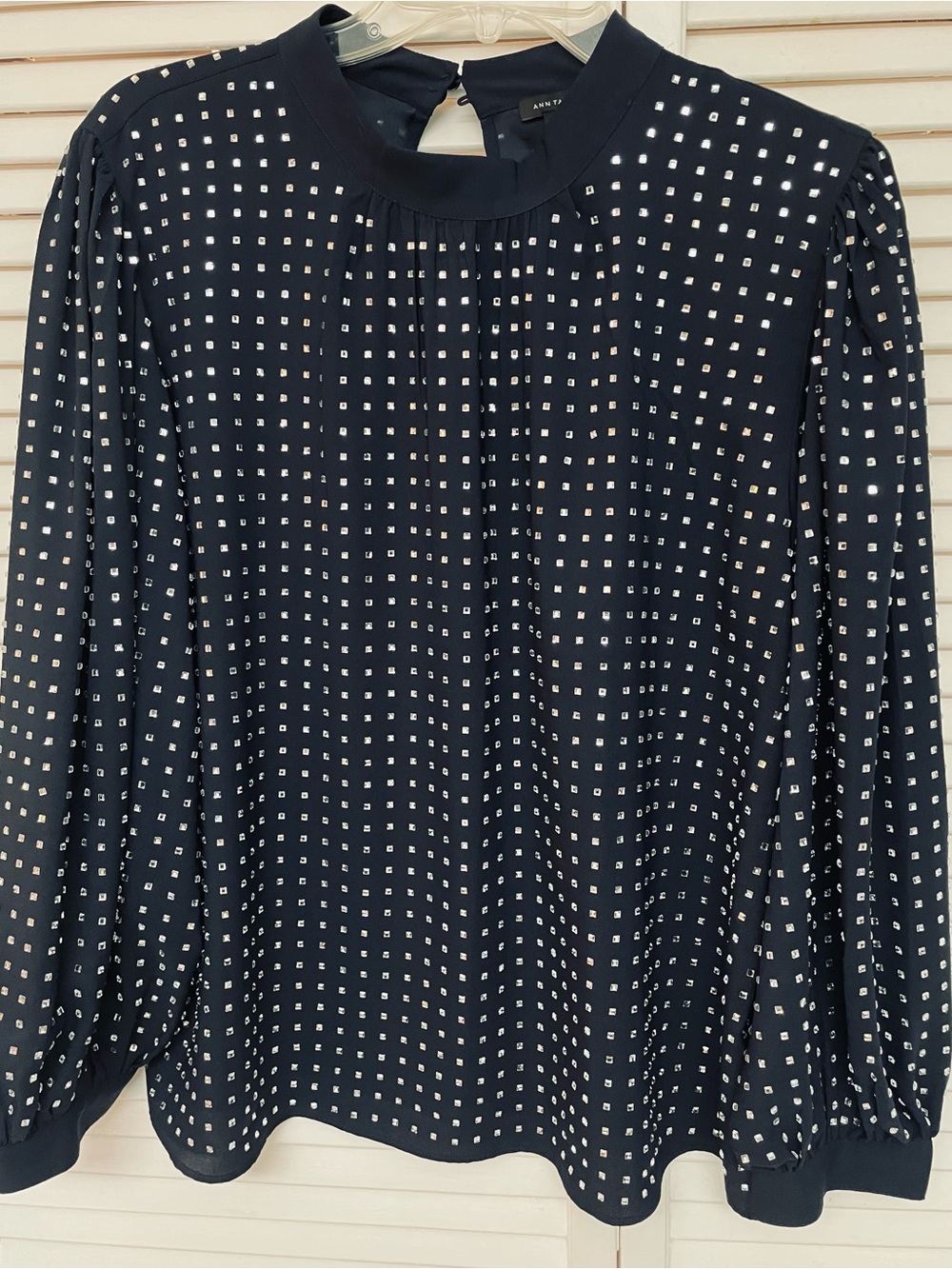 Ann Taylor Navy Long-Sleeve Square Stud/Crystal Blouse
